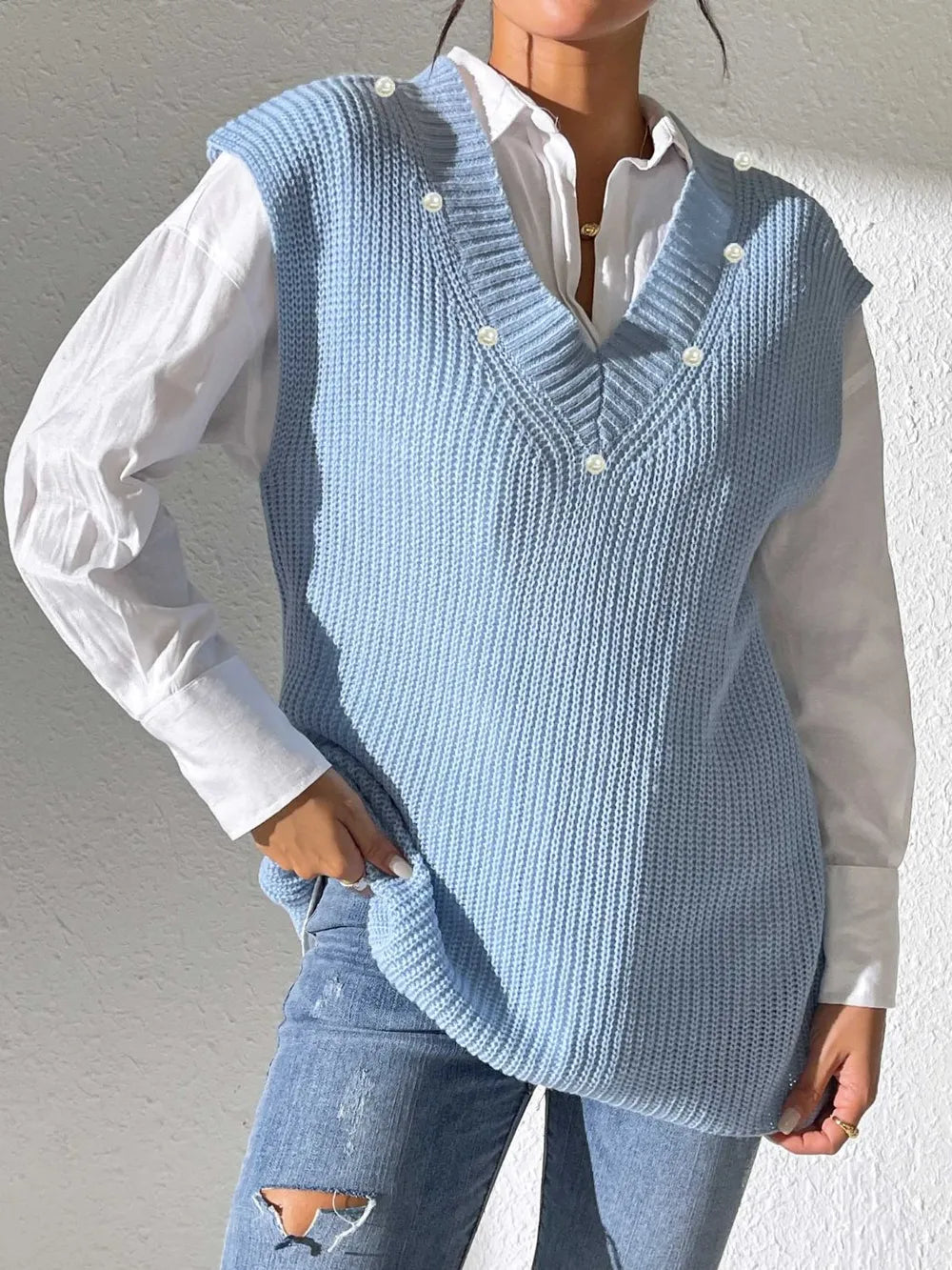 V-neck simple vest pearl nail pearl woven sweater vest