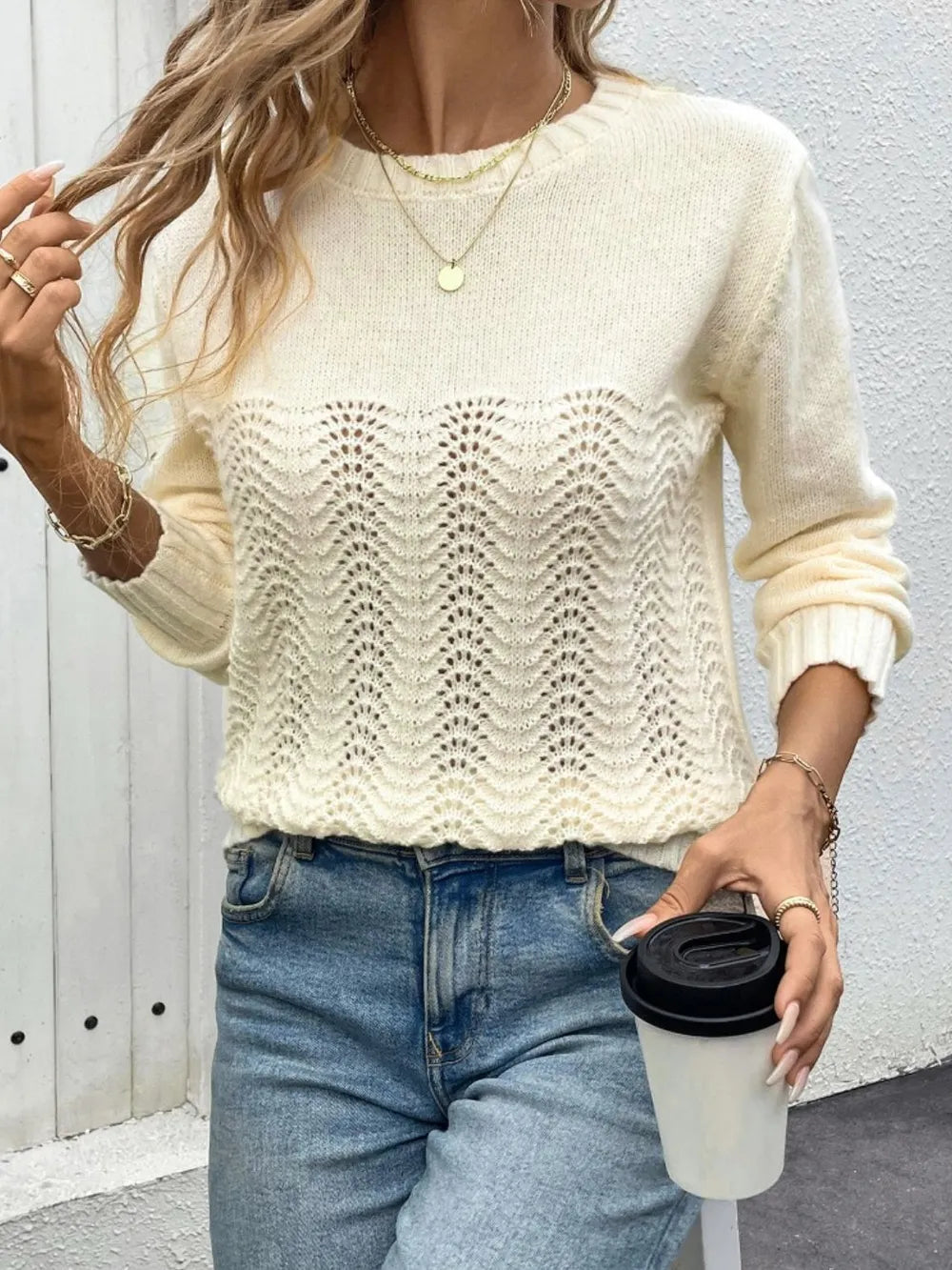 Autumn Knitwear Round Neck Hollow Solid Color Sweater