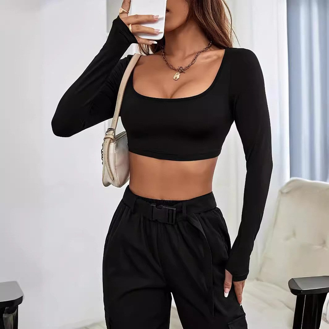 Sports and leisure cropped knitted high stretch long sleeved T-shirt top
