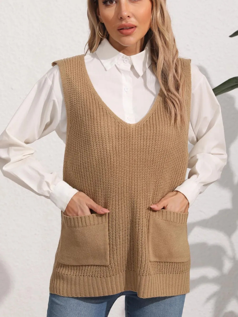 Women's double pocket splicing V-neck casual vest top sweater vest