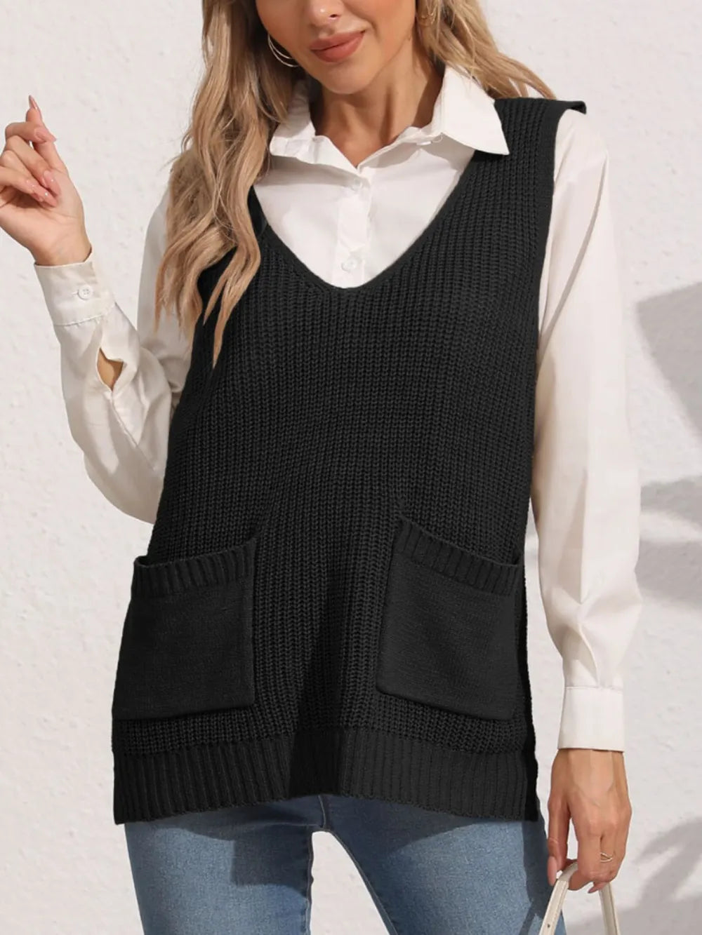 Women's double pocket splicing V-neck casual vest top sweater vest