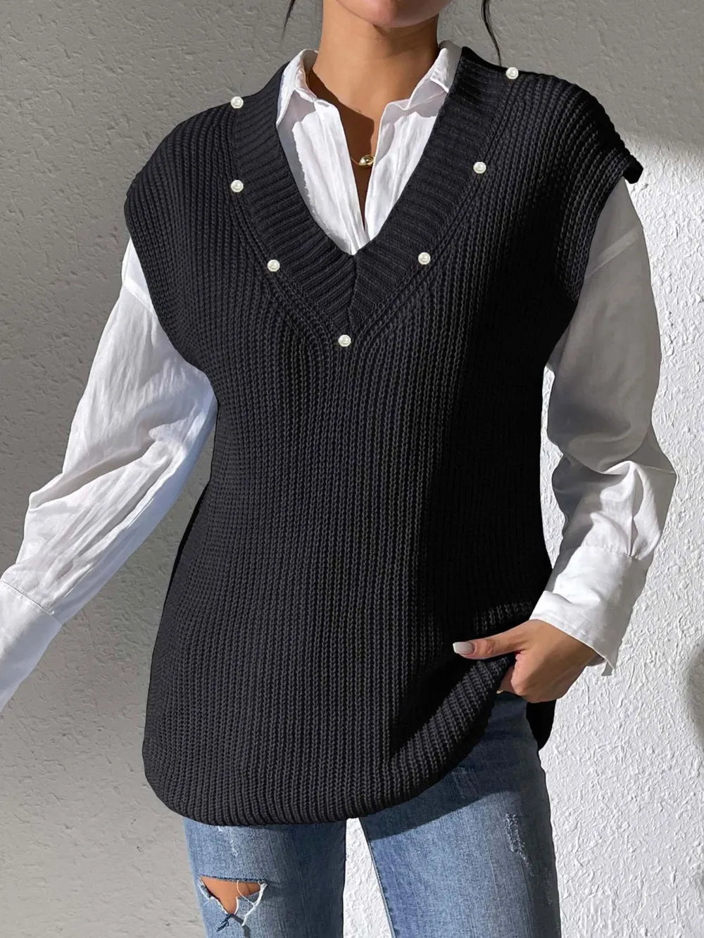 V-neck simple vest pearl nail pearl woven sweater vest