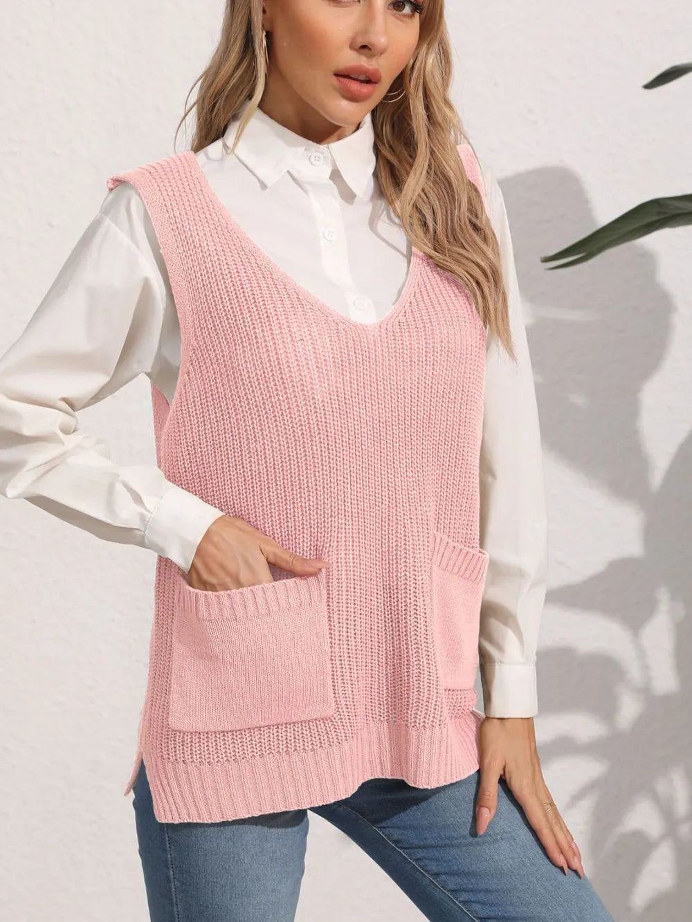 Women's double pocket splicing V-neck casual vest top sweater vest