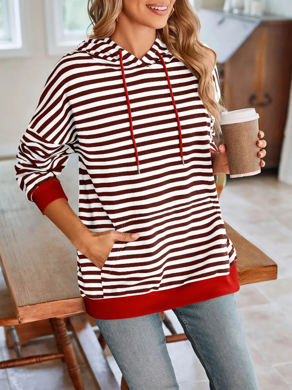 Loose casual striped hooded sweatshirt