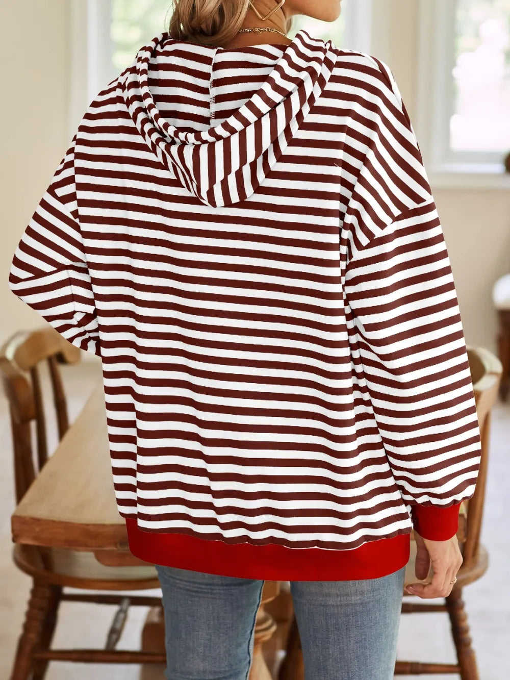 Loose casual striped hooded sweatshirt