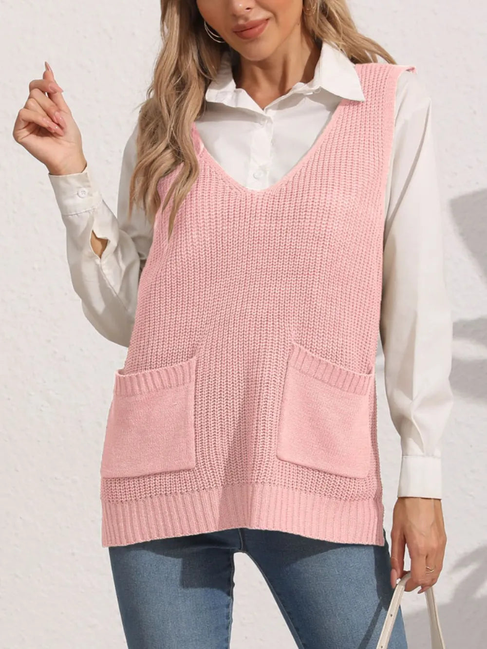 Women's double pocket splicing V-neck casual vest top sweater vest