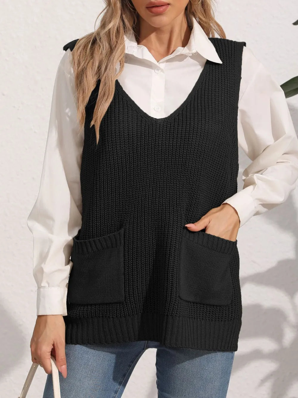 Women's double pocket splicing V-neck casual vest top sweater vest