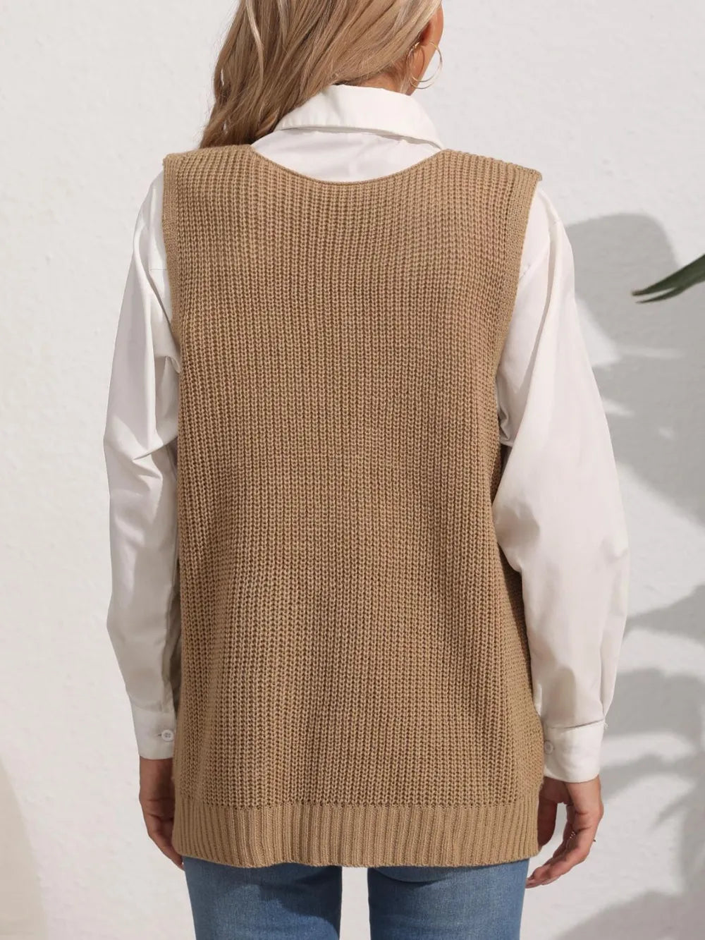 Women's double pocket splicing V-neck casual vest top sweater vest