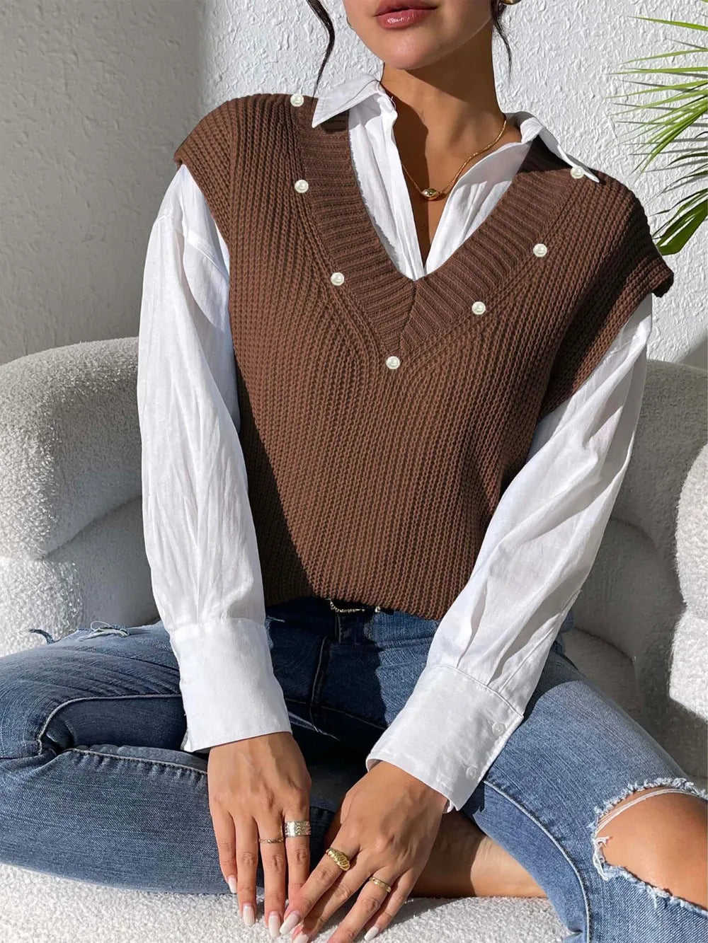 V-neck simple vest pearl nail pearl woven sweater vest