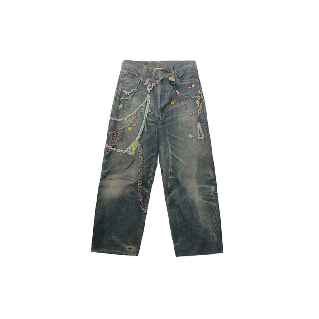 New 3D candy chain printed imitation jeans loose fit