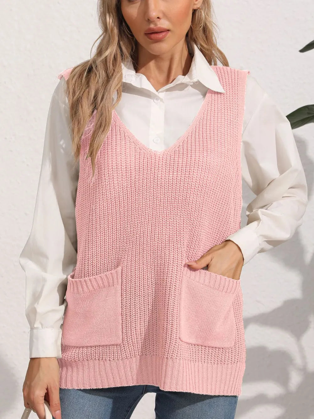 Women's double pocket splicing V-neck casual vest top sweater vest