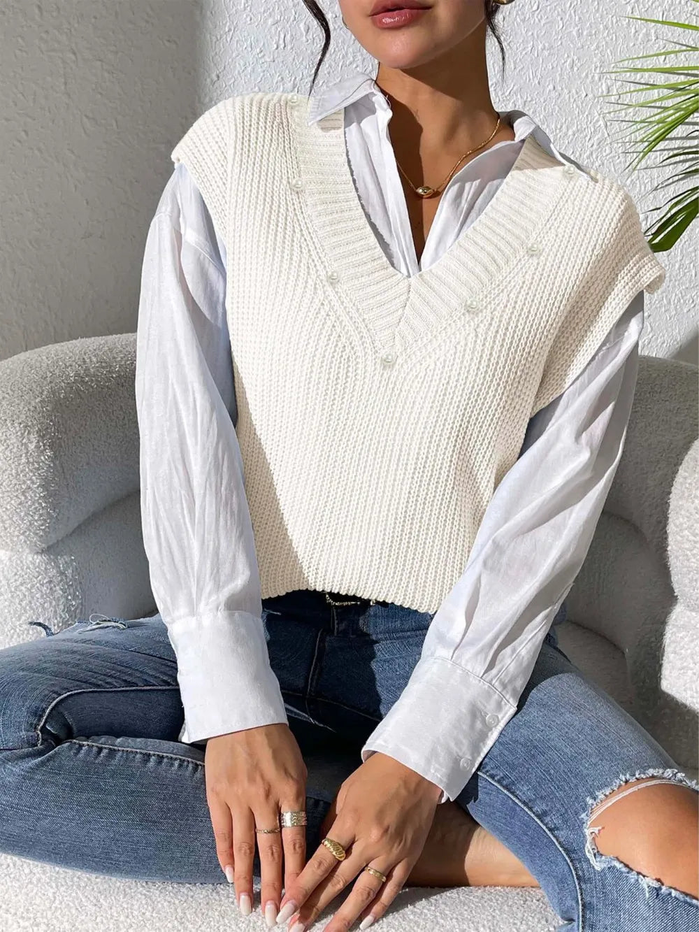 V-neck simple vest pearl nail pearl woven sweater vest