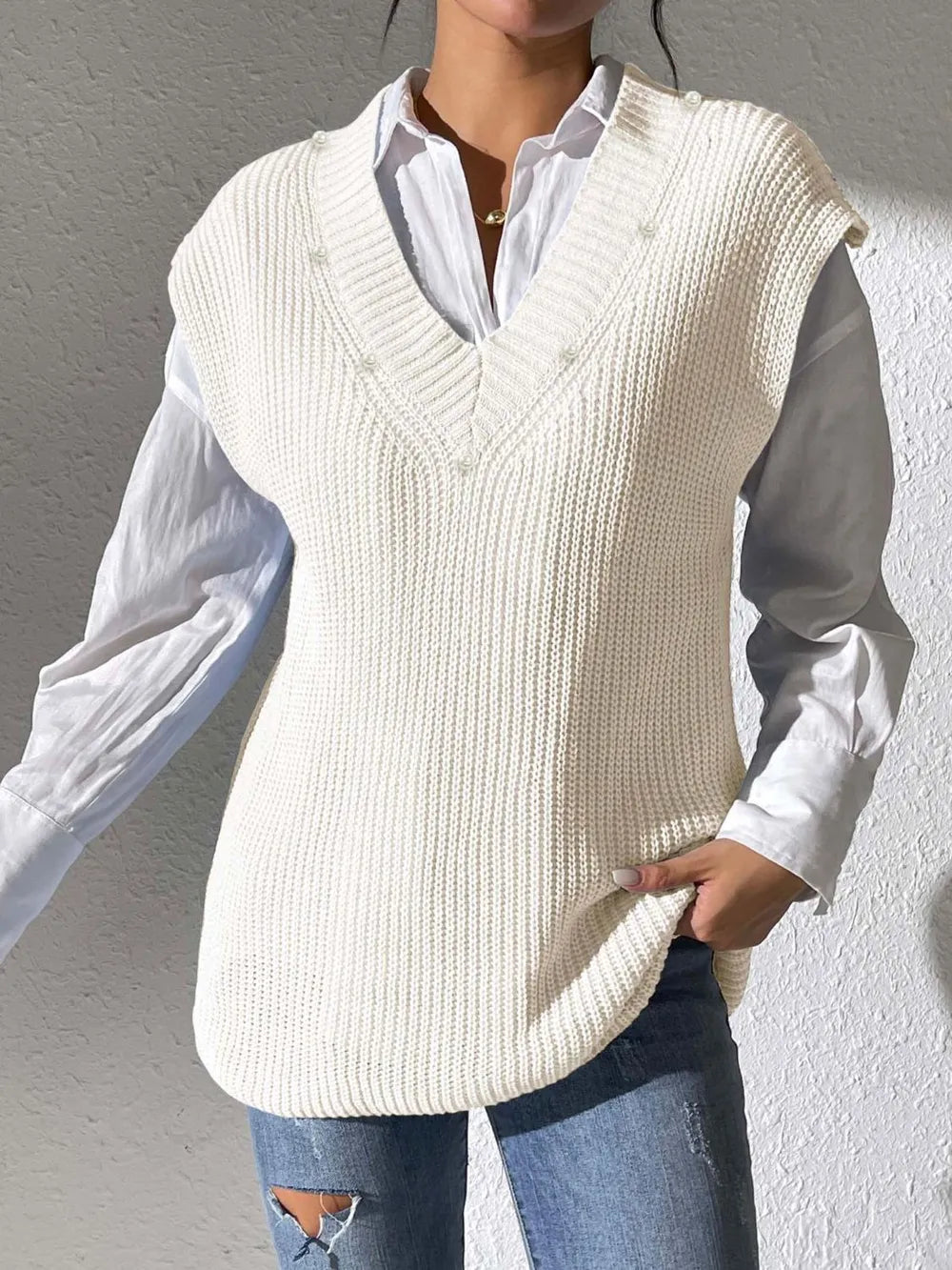 V-neck simple vest pearl nail pearl woven sweater vest