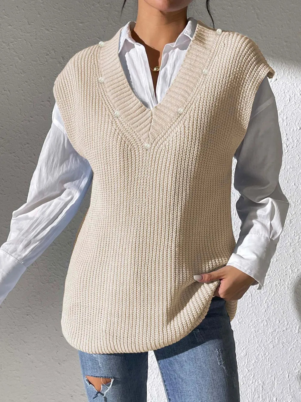 V-neck simple vest pearl nail pearl woven sweater vest