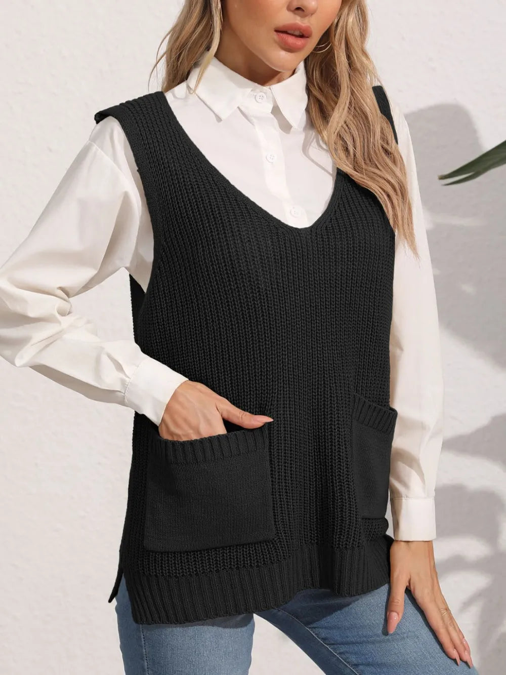 Women's double pocket splicing V-neck casual vest top sweater vest