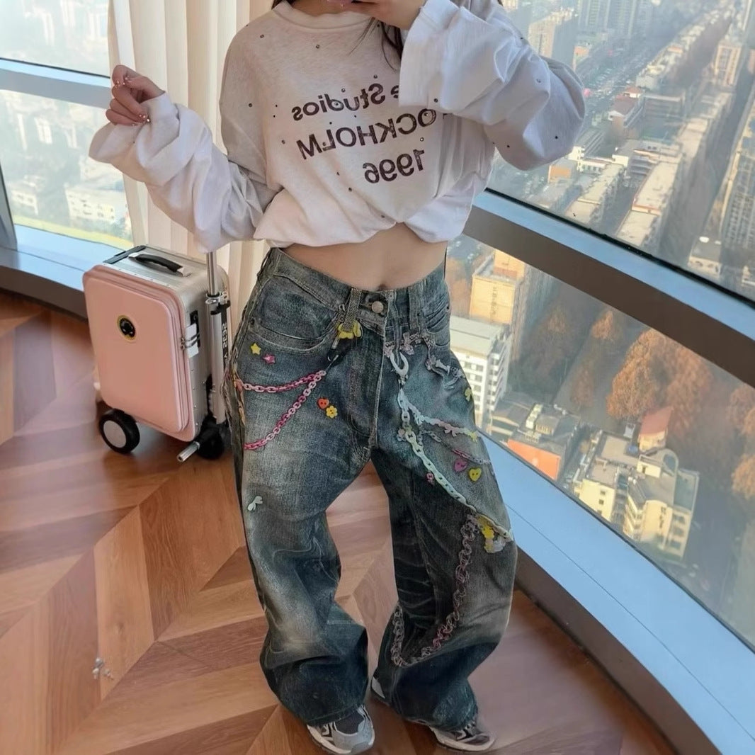New 3D candy chain printed imitation jeans loose fit