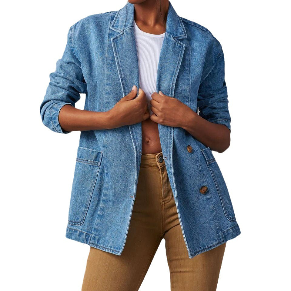 Pocketed Lapel Collar Long Sleeve Denim Jacket