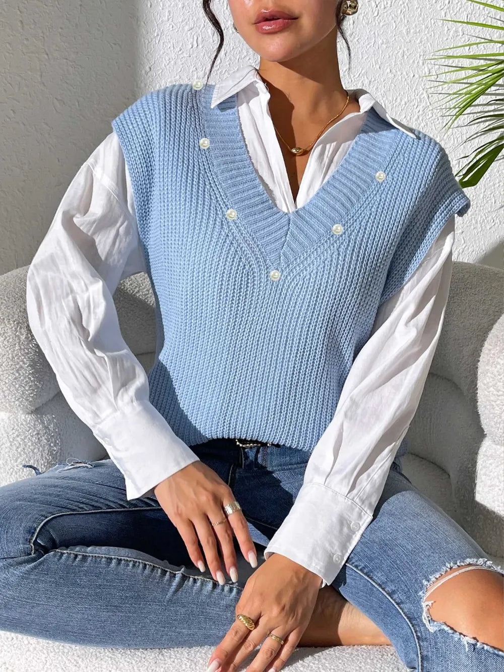 V-neck simple vest pearl nail pearl woven sweater vest