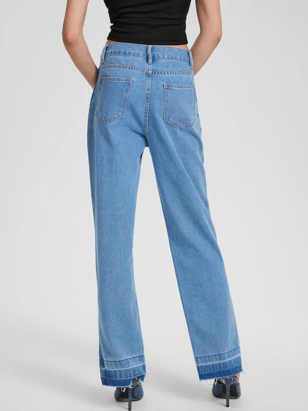 Retro casual high waisted leg slit straight leg denim pants