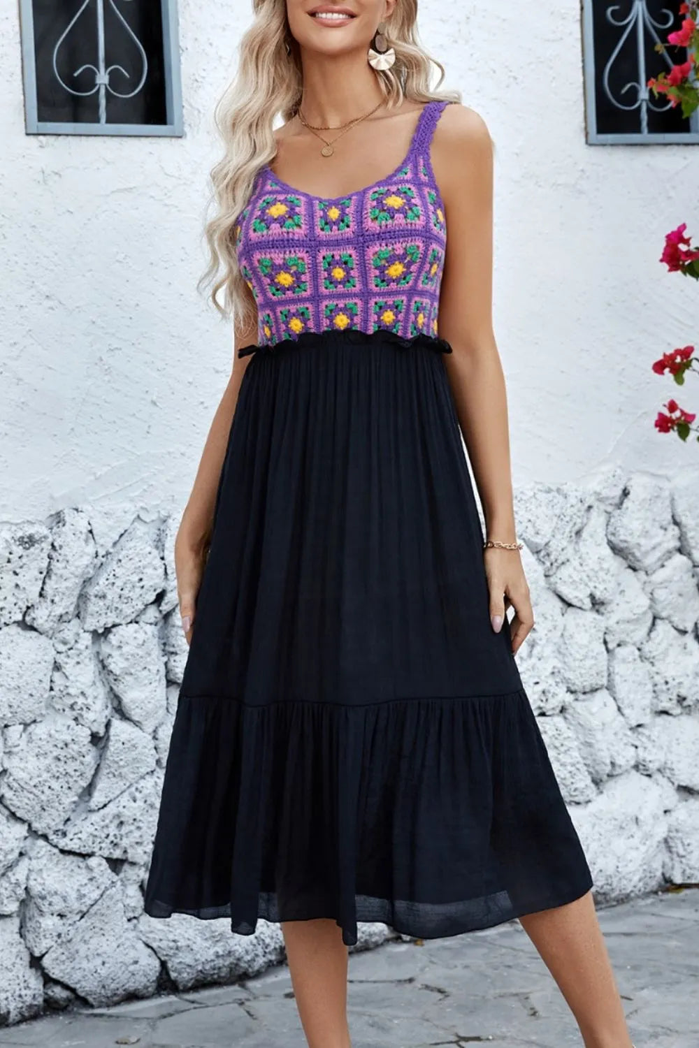 Hand hook flower spliced cotton yarn fabric purple temperament sleeveless dress beach skirt