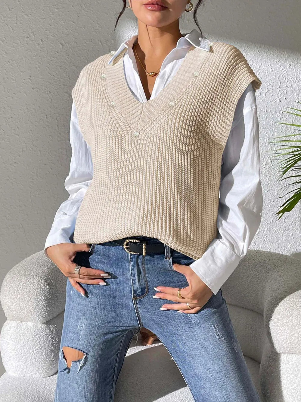 V-neck simple vest pearl nail pearl woven sweater vest