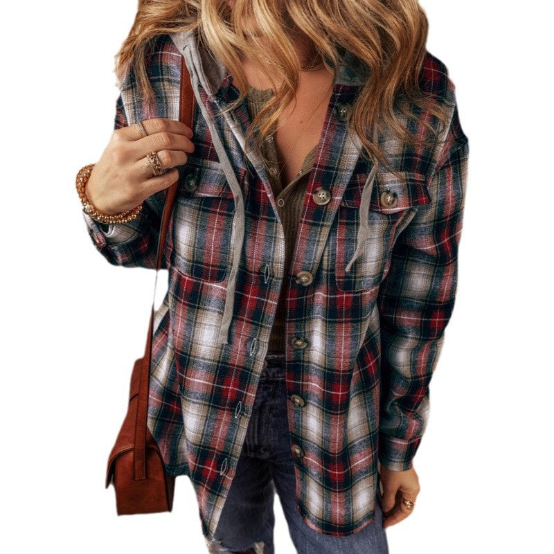 Drawstring Plaid Button Up Hooded Shacket