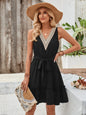 Solid color V-neck sleeveless lace cinched waist dress
