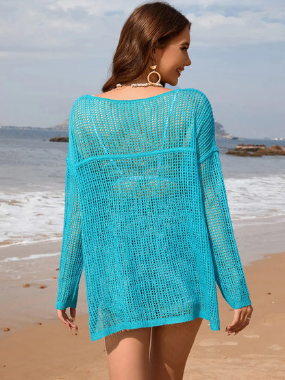 Solid color long sleeved knitted fashionable vacation bikini beach cover shirt