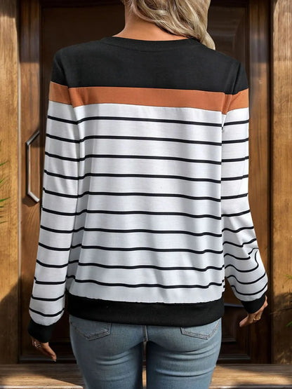 Casual simple and versatile long sleeved round neck striped sweatshirt