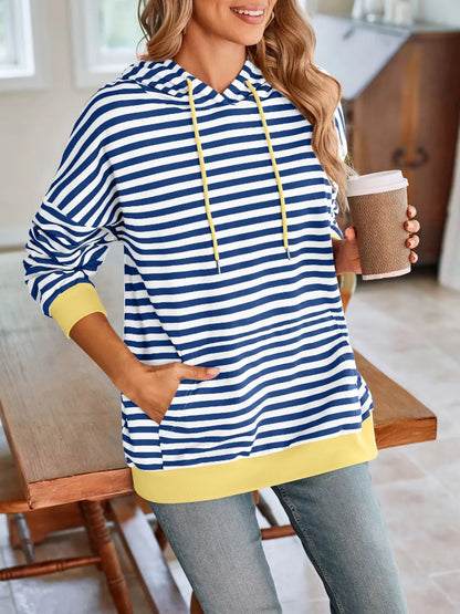 Loose casual striped hooded sweatshirt