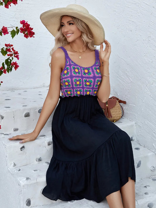 Hand hook flower spliced cotton yarn fabric purple temperament sleeveless dress beach skirt