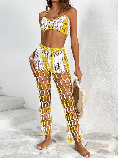 Beach pants top set mesh beach pants color engraved with hand hook flower