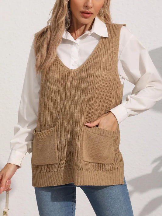 Women's double pocket splicing V-neck casual vest top sweater vest