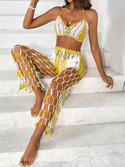 Beach pants top set mesh beach pants color engraved with hand hook flower