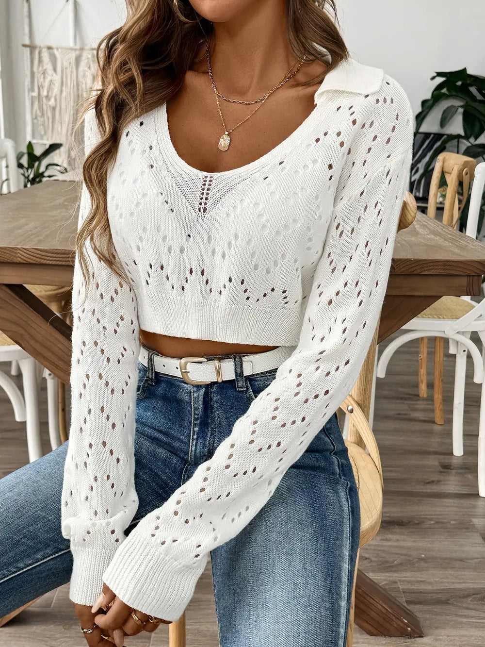 Polo collar hollowed out crop top sweater