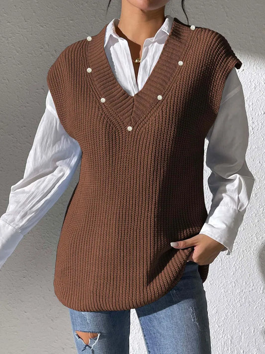 V-neck simple vest pearl nail pearl woven sweater vest
