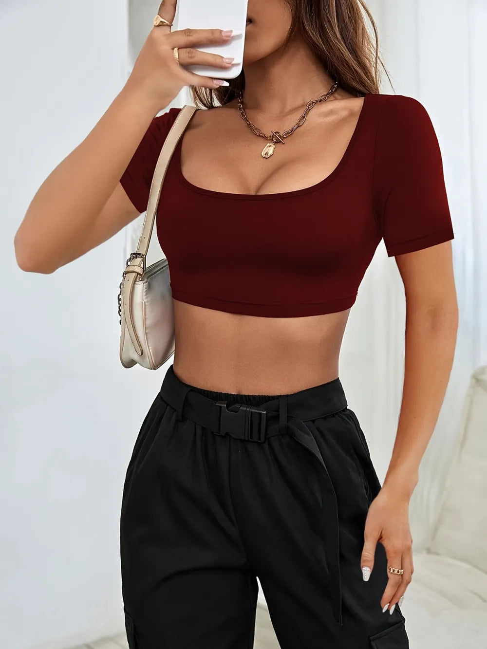 Sports and leisure women's short knitted high elasticity T-shirt top
