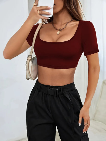 Sports and leisure women's short knitted high elasticity T-shirt top