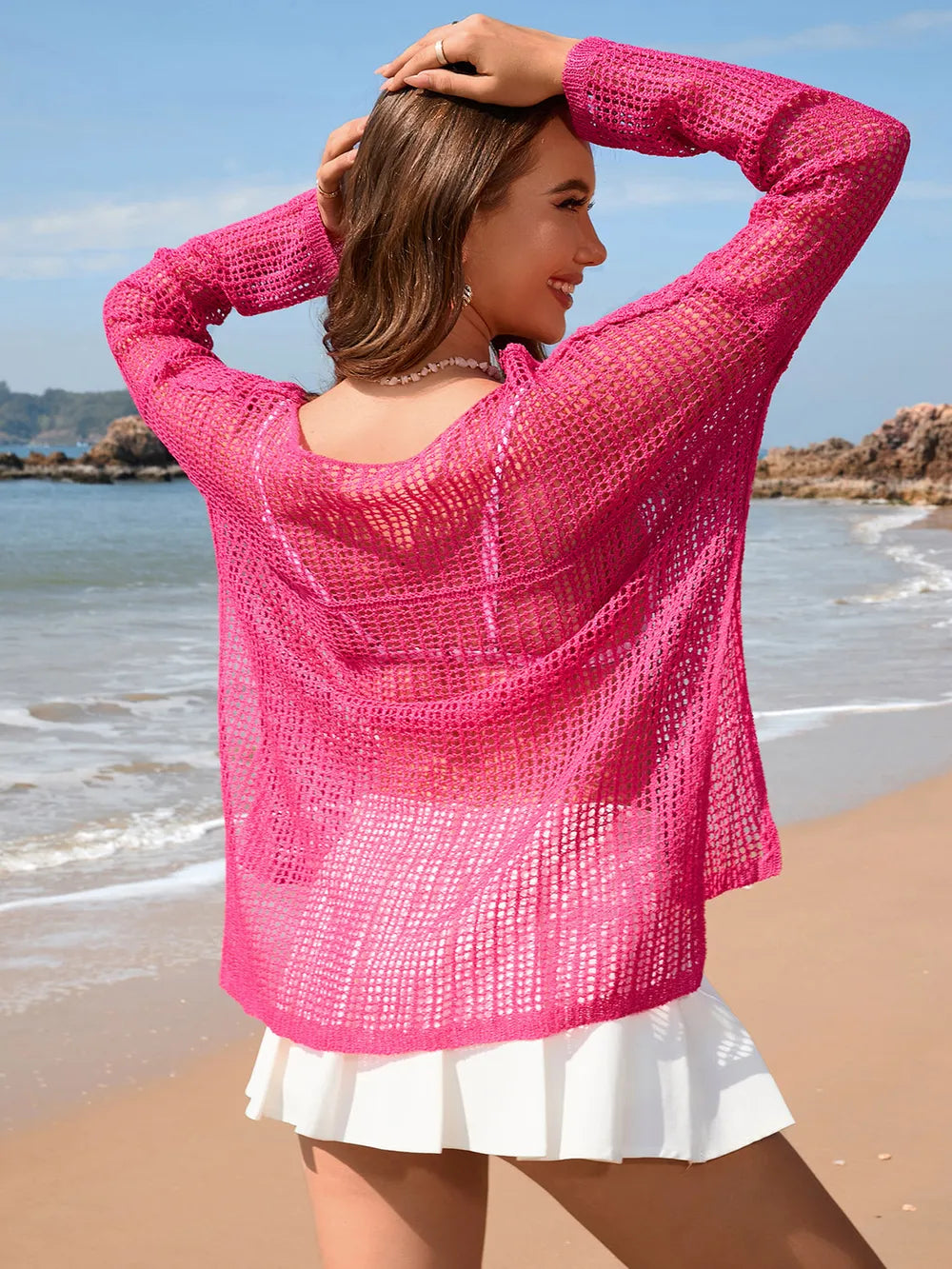 Solid color long sleeved knitted fashionable vacation bikini beach cover shirt