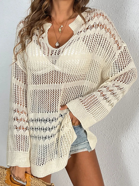 Hollow out top long sleeved beach top