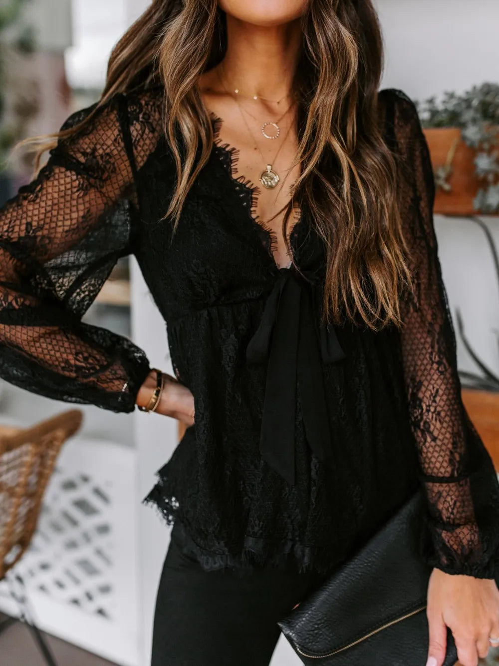 Autumn New Lace Embroidery Splicing Lace Bow Strap Long Sleeve Top