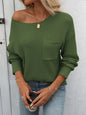 Ladies' round neck pocket decorative top long sleeved sweater