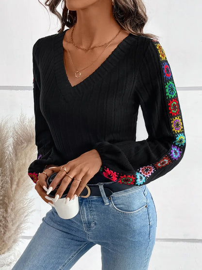 V-Neck Crochet Long Sleeve Top