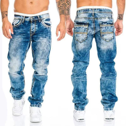 European and American new jeans casual open line pants straight leg men's pants hip-hop jeans