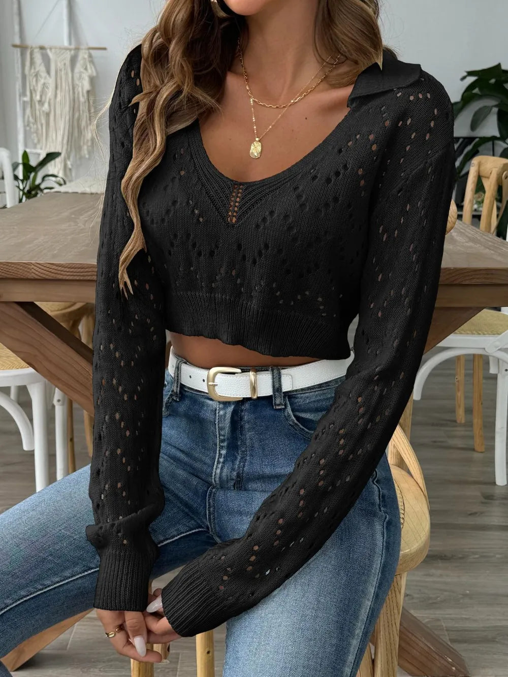 Polo collar hollowed out crop top sweater