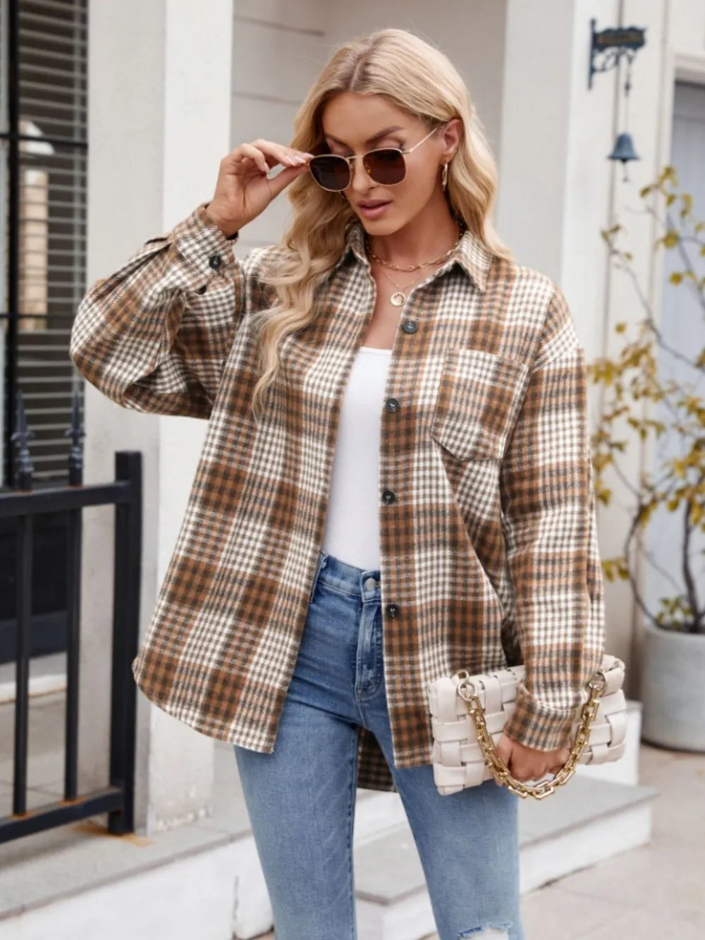 Thousand bird plaid button down flannel shirt