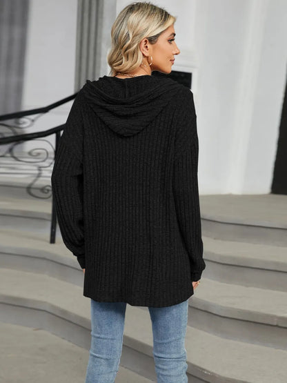 Autumn and winter new solid color hooded button loose long sleeved top