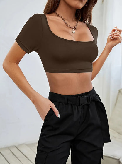 Sports and leisure women's short knitted high elasticity T-shirt top