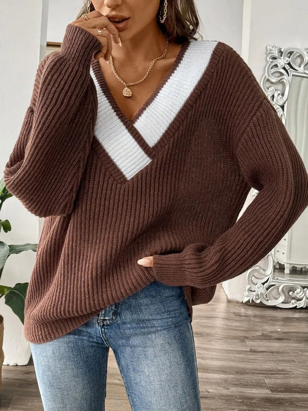 Color blocking splicing large V-neck loose woven sweater pullover sweater
