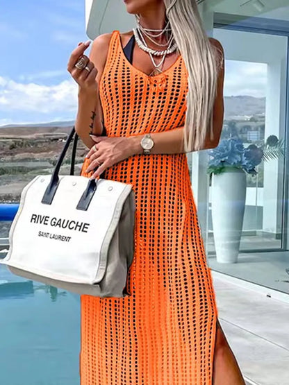 Beach cover shirt casual solid color slit backless knitted camisole dress